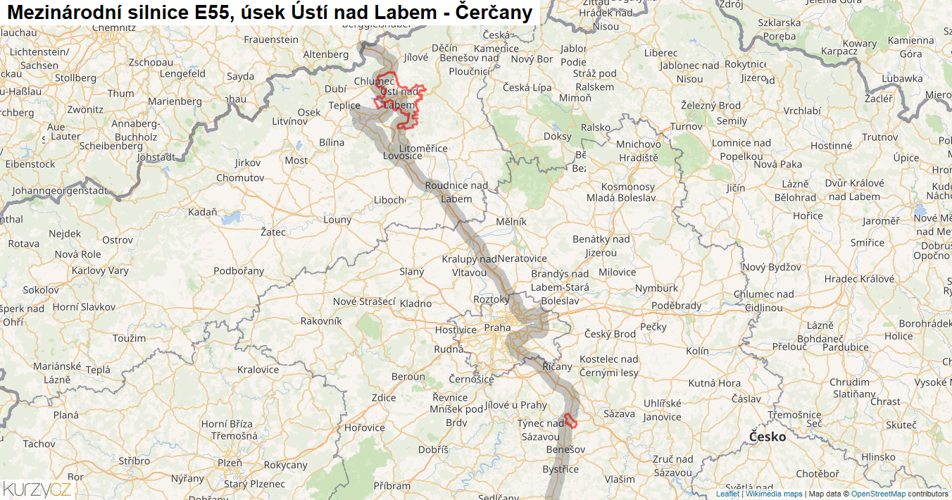 Úsek Ústí nad Labem - Čerčany, Silnice E55 - Mapa