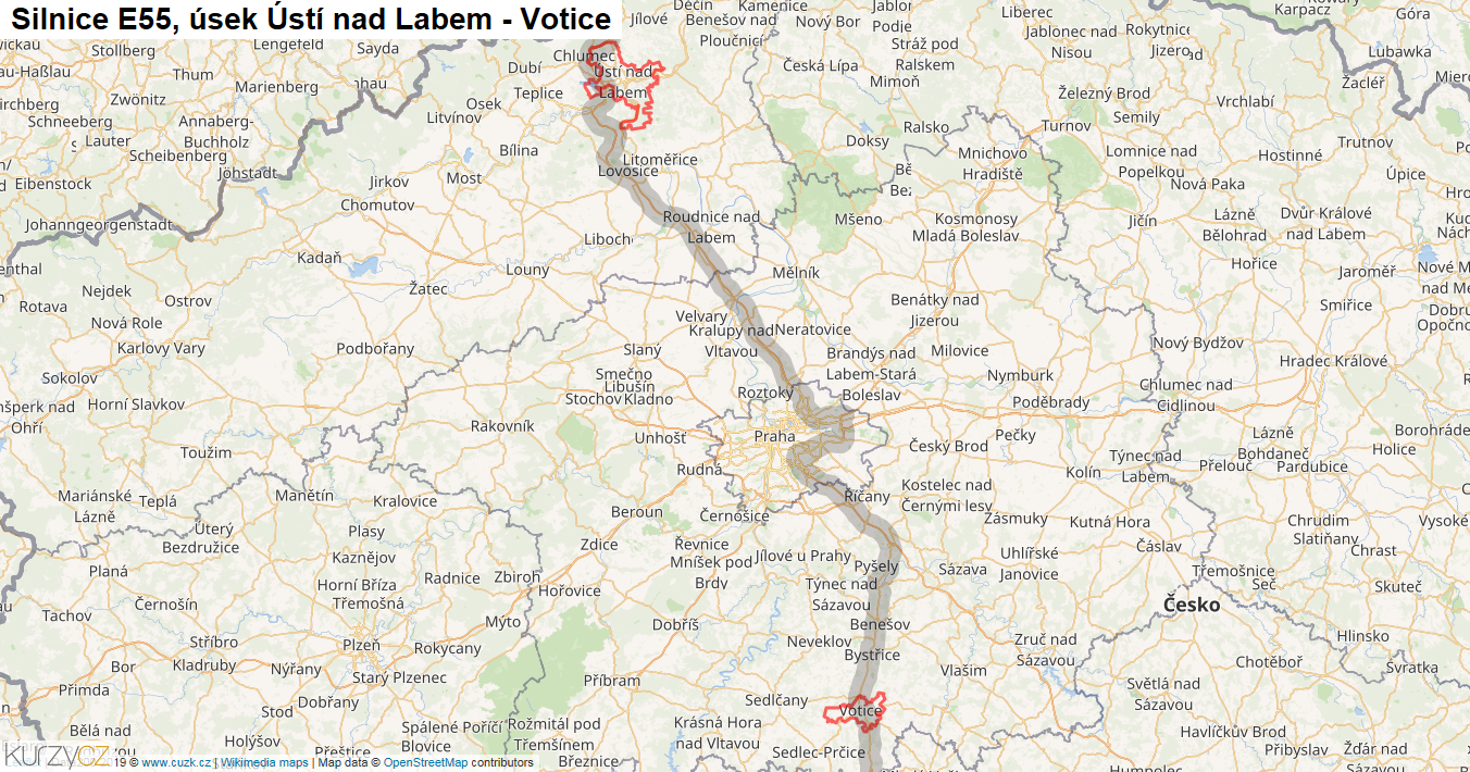 Úsek Ústí nad Labem - Votice, Silnice E55 - Mapa