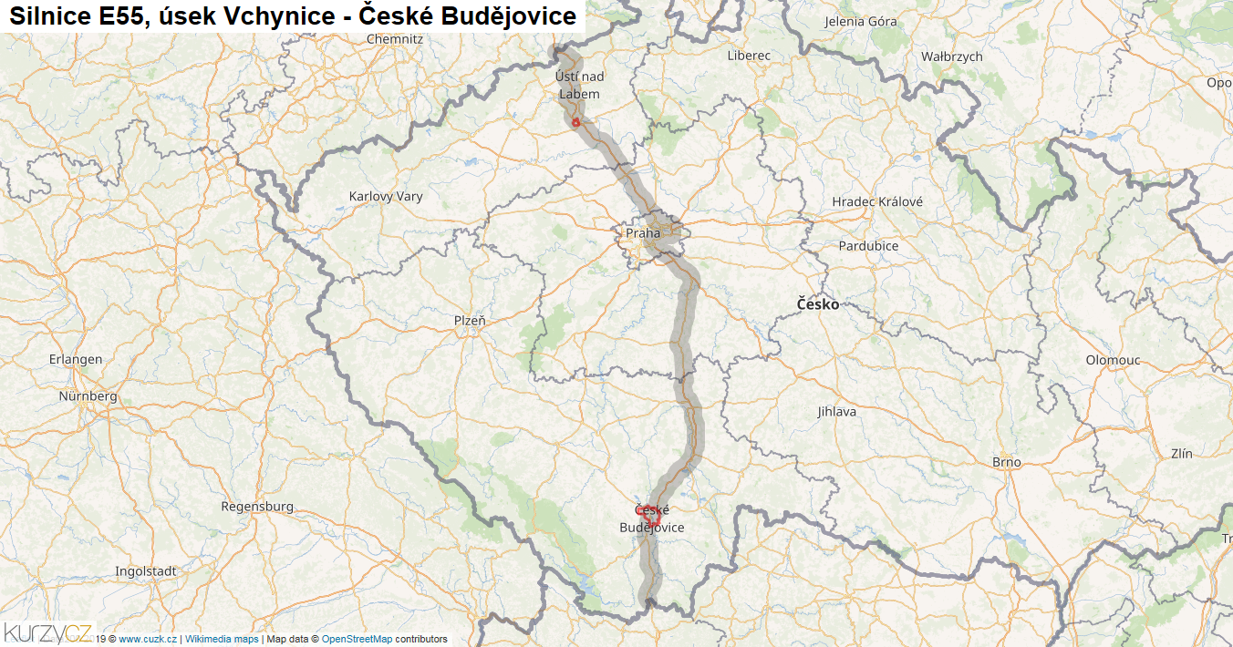 Úsek Vchynice - České Budějovice, Silnice E55 - Mapa