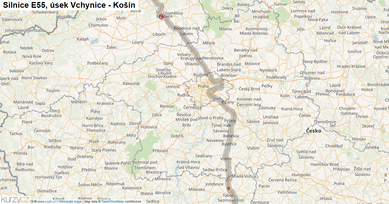 Úsek Vchynice - Košín, Silnice E55 - Mapa
