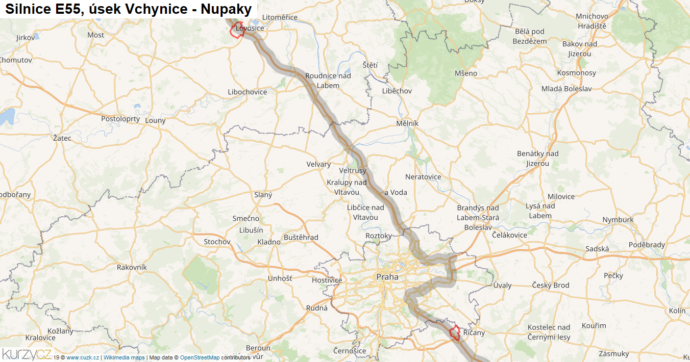 Úsek Vchynice - Nupaky, Silnice E55 - Mapa