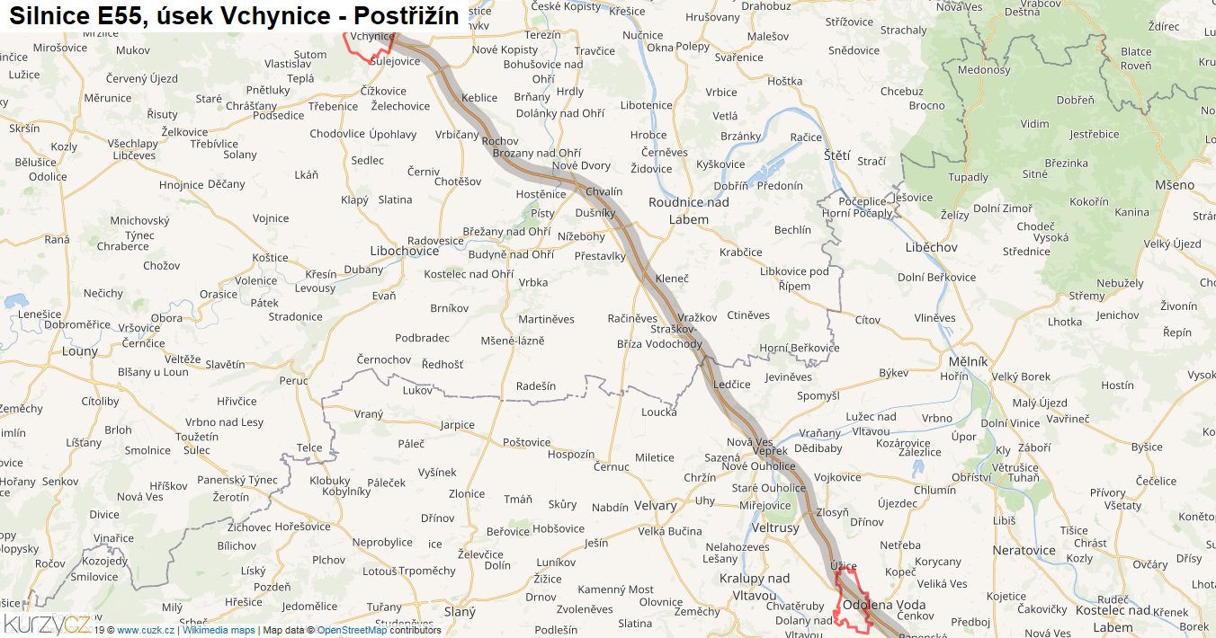 Úsek Vchynice - Postřižín, Silnice E55 - Mapa