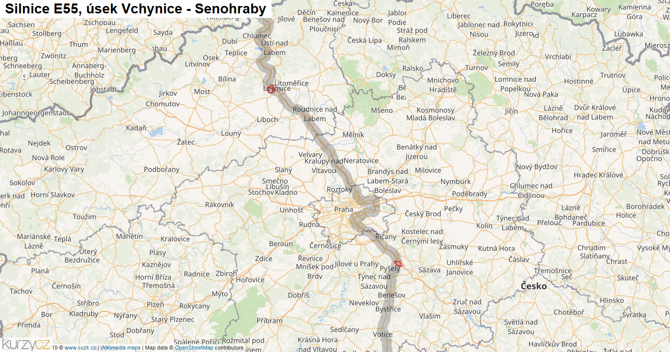 Úsek Vchynice - Senohraby, Silnice E55 - Mapa