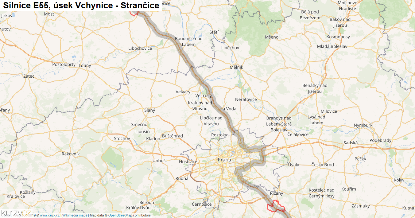 Úsek Vchynice - Strančice, Silnice E55 - Mapa