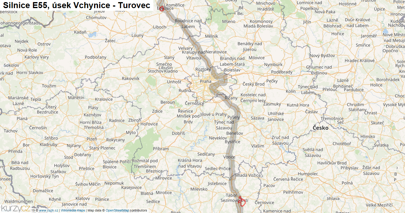 Úsek Vchynice - Turovec, Silnice E55 - Mapa