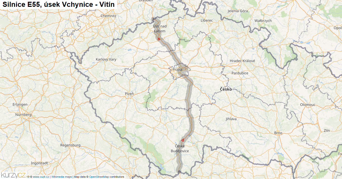 Úsek Vchynice - Vitín, Silnice E55 - Mapa