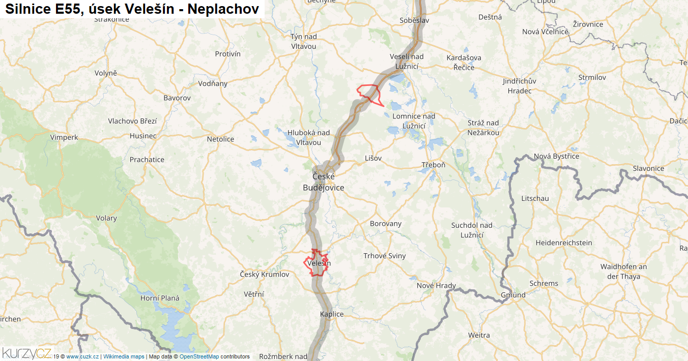 Úsek Velešín - Neplachov, Silnice E55 - Mapa