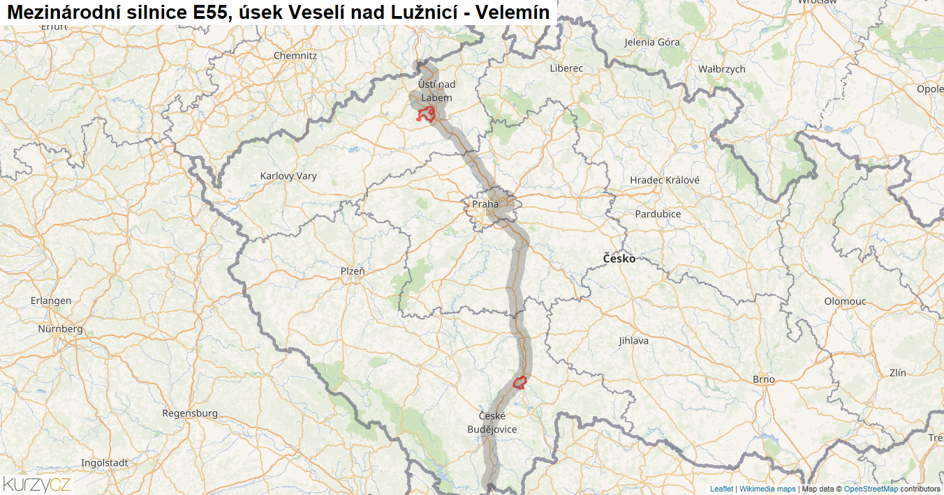 Úsek Veselí nad Lužnicí - Velemín, Silnice E55 - Mapa