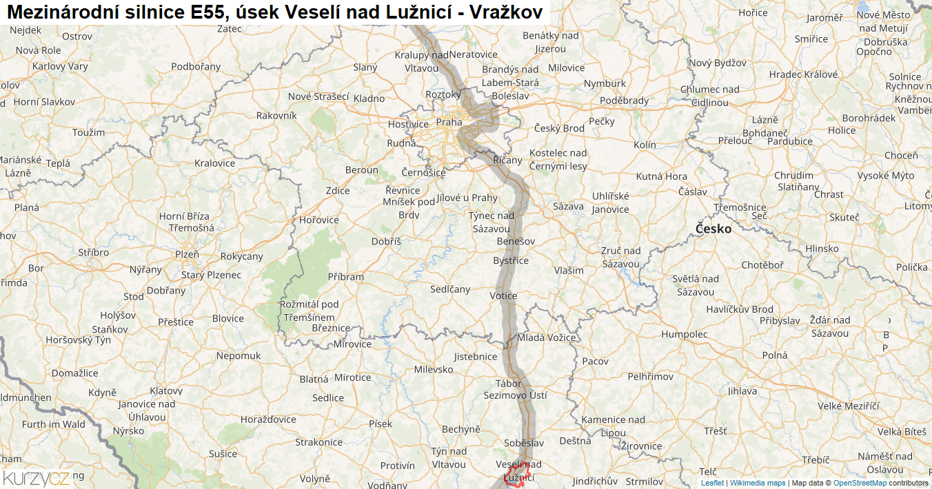 Úsek Veselí nad Lužnicí - Vražkov, Silnice E55 - Mapa