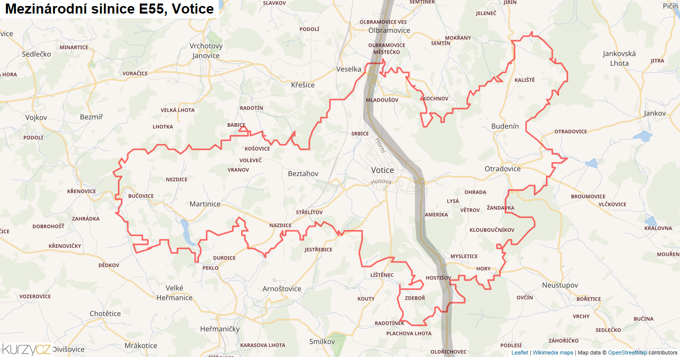 Votice, Silnice E55 - Mapa
