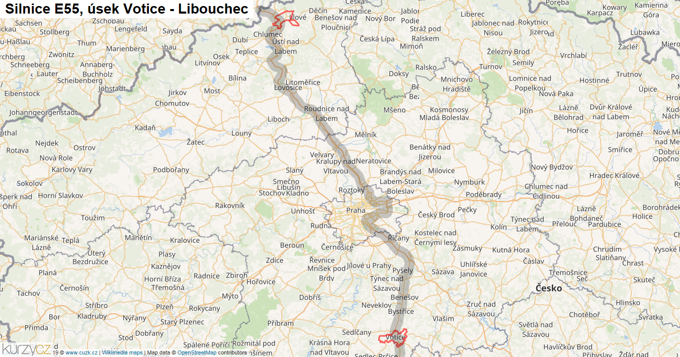 Úsek Votice - Libouchec, Silnice E55 - Mapa