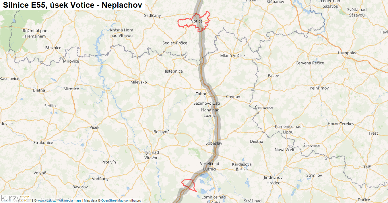 Úsek Votice - Neplachov, Silnice E55 - Mapa
