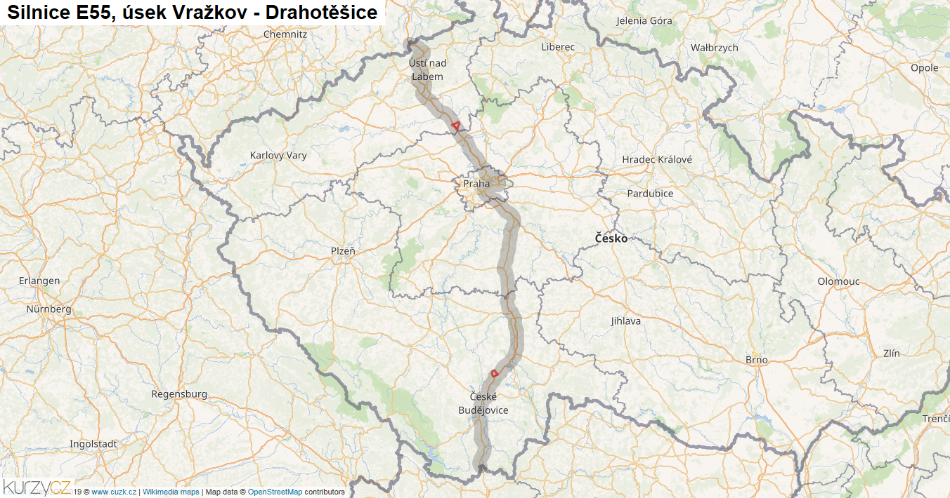Úsek Vražkov - Drahotěšice, Silnice E55 - Mapa