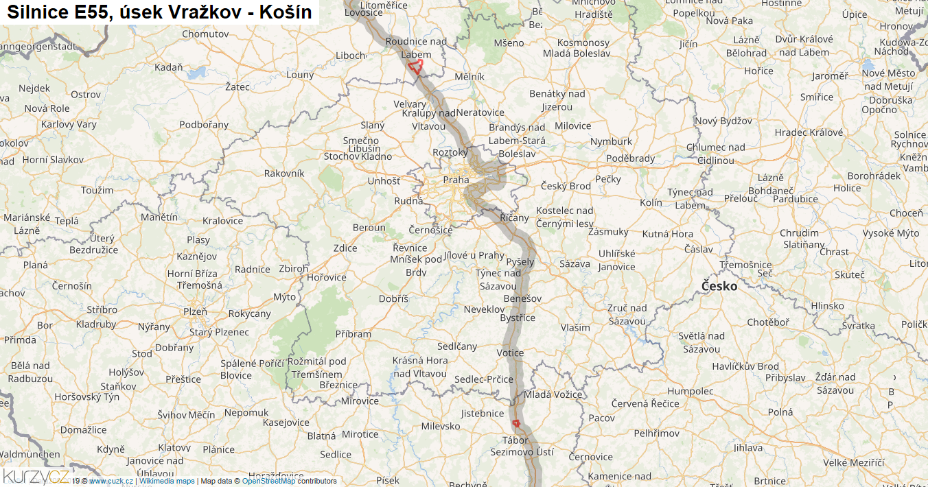 Úsek Vražkov - Košín, Silnice E55 - Mapa