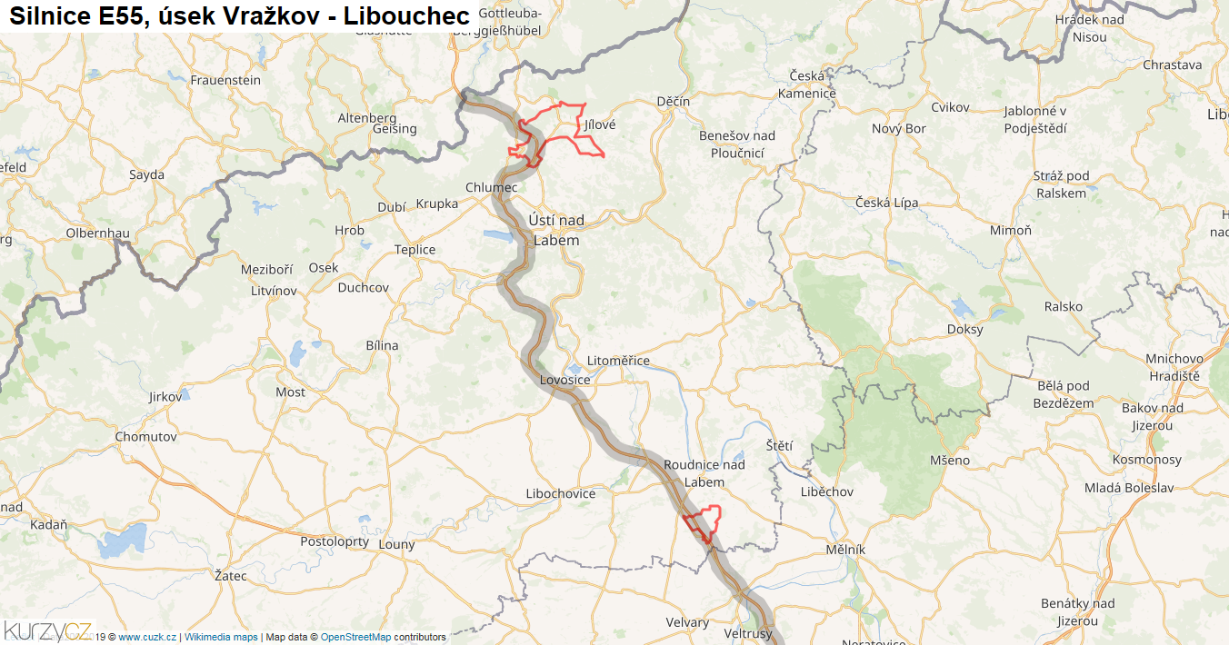 Úsek Vražkov - Libouchec, Silnice E55 - Mapa