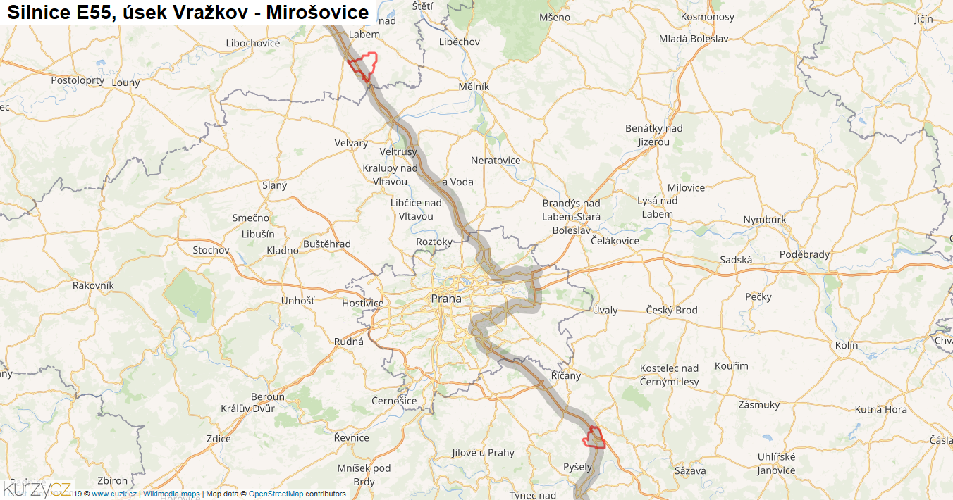 Úsek Vražkov - Mirošovice, Silnice E55 - Mapa