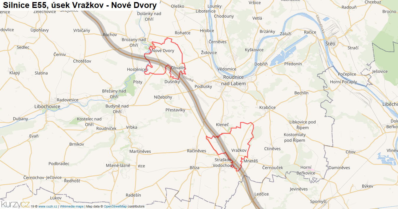 Úsek Vražkov - Nové Dvory, Silnice E55 - Mapa