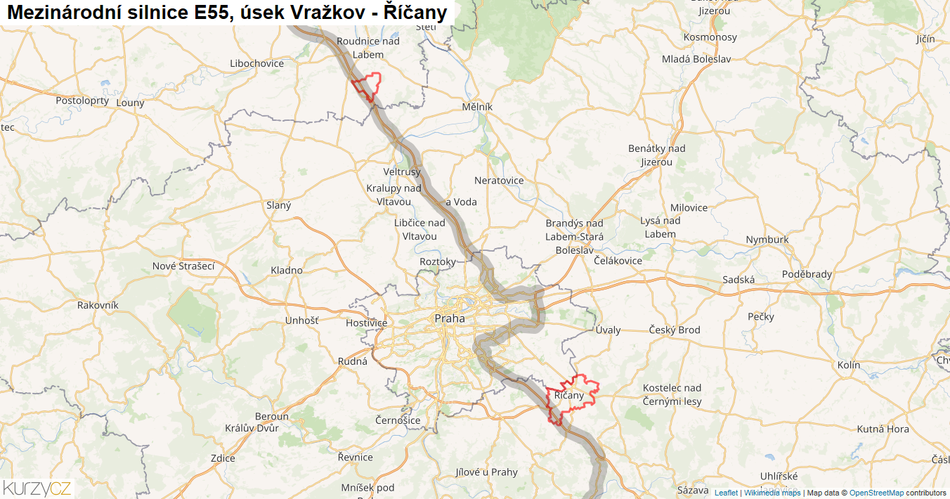 Úsek Vražkov - Říčany, Silnice E55 - Mapa