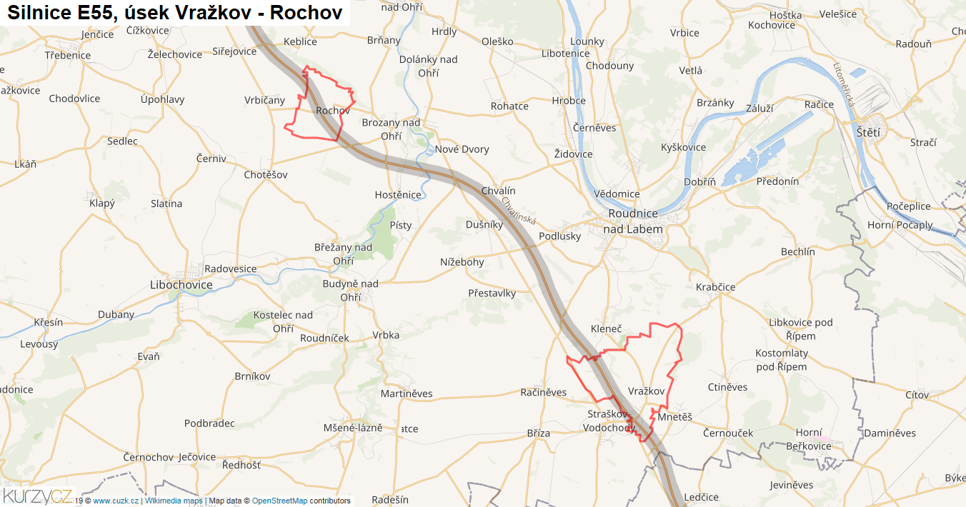 Úsek Vražkov - Rochov, Silnice E55 - Mapa