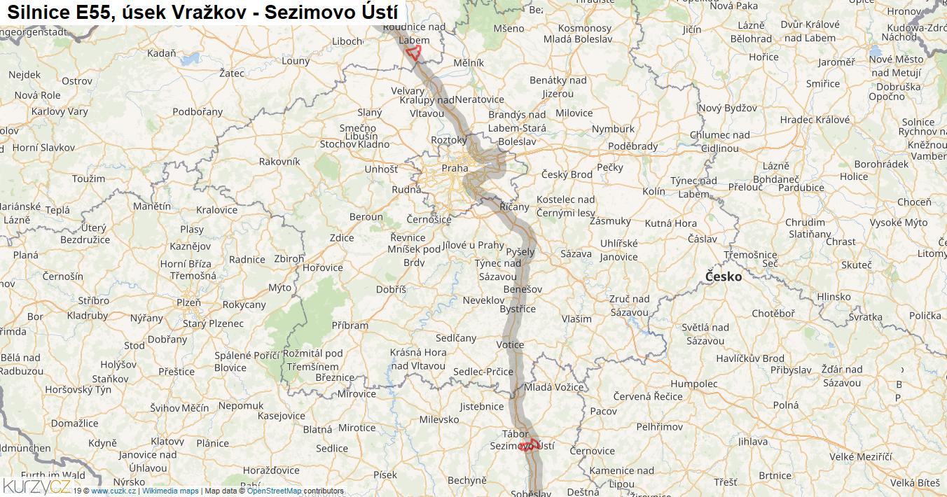 Úsek Vražkov - Sezimovo Ústí, Silnice E55 - Mapa