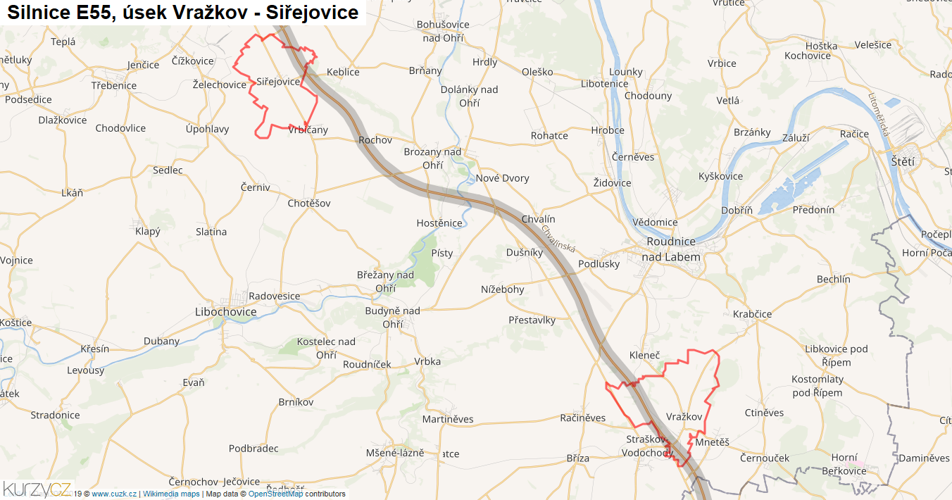 Úsek Vražkov - Siřejovice, Silnice E55 - Mapa