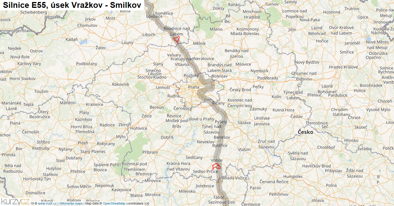 Úsek Vražkov - Smilkov, Silnice E55 - Mapa