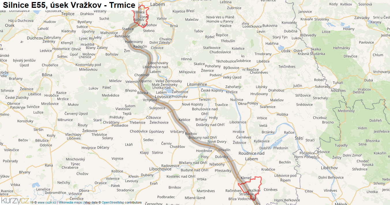 Úsek Vražkov - Trmice, Silnice E55 - Mapa