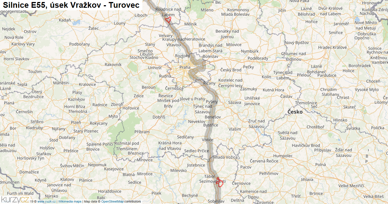 Úsek Vražkov - Turovec, Silnice E55 - Mapa