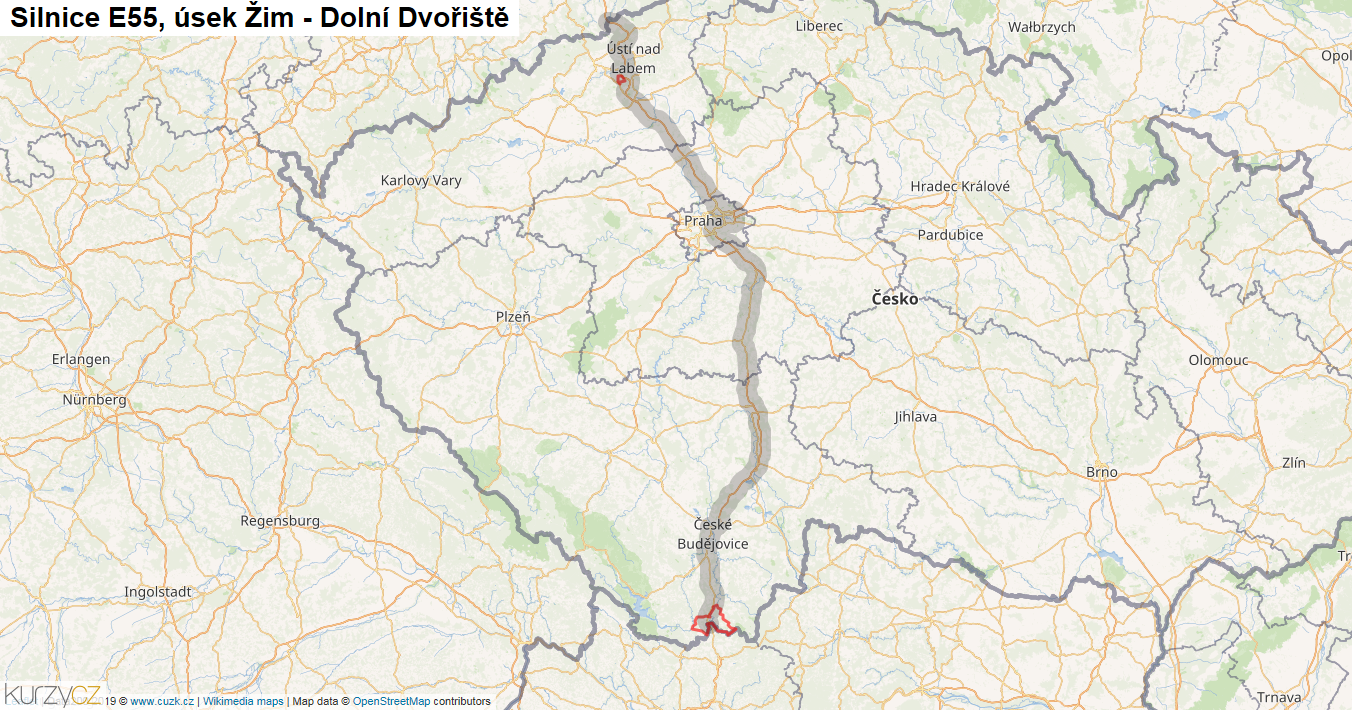 Úsek Žim - Dolní Dvořiště, Silnice E55 - Mapa