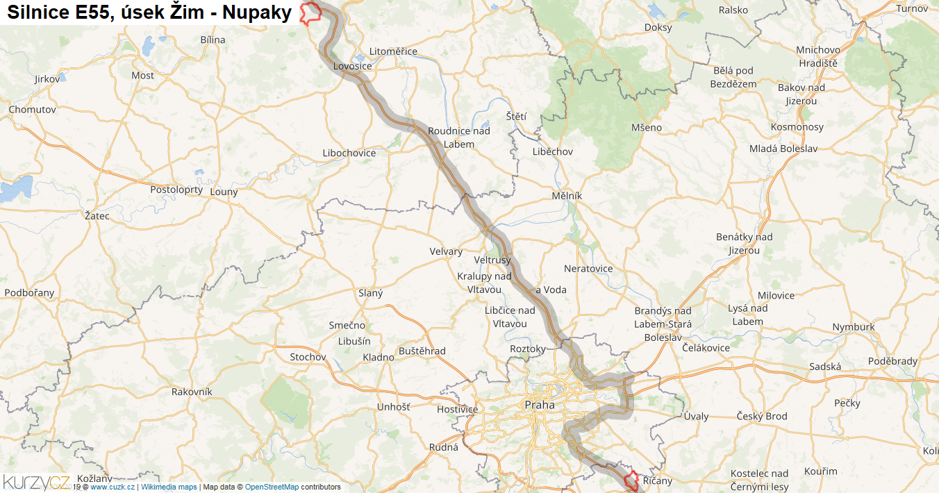 Úsek Žim - Nupaky, Silnice E55 - Mapa