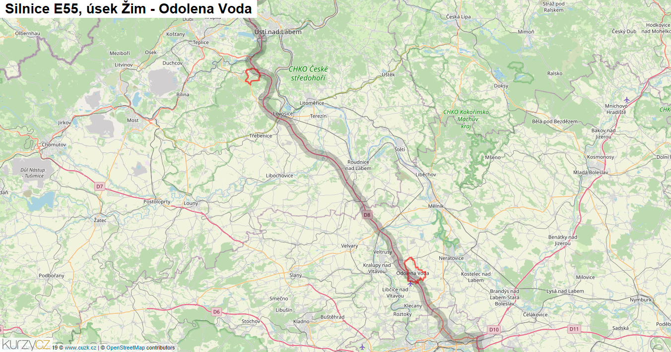 Úsek Žim - Odolena Voda, Silnice E55 - Mapa