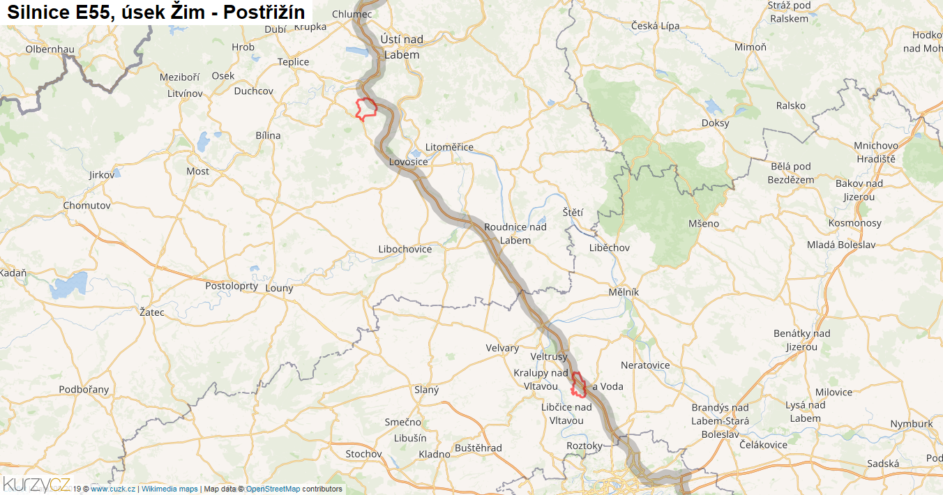 Úsek Žim - Postřižín, Silnice E55 - Mapa