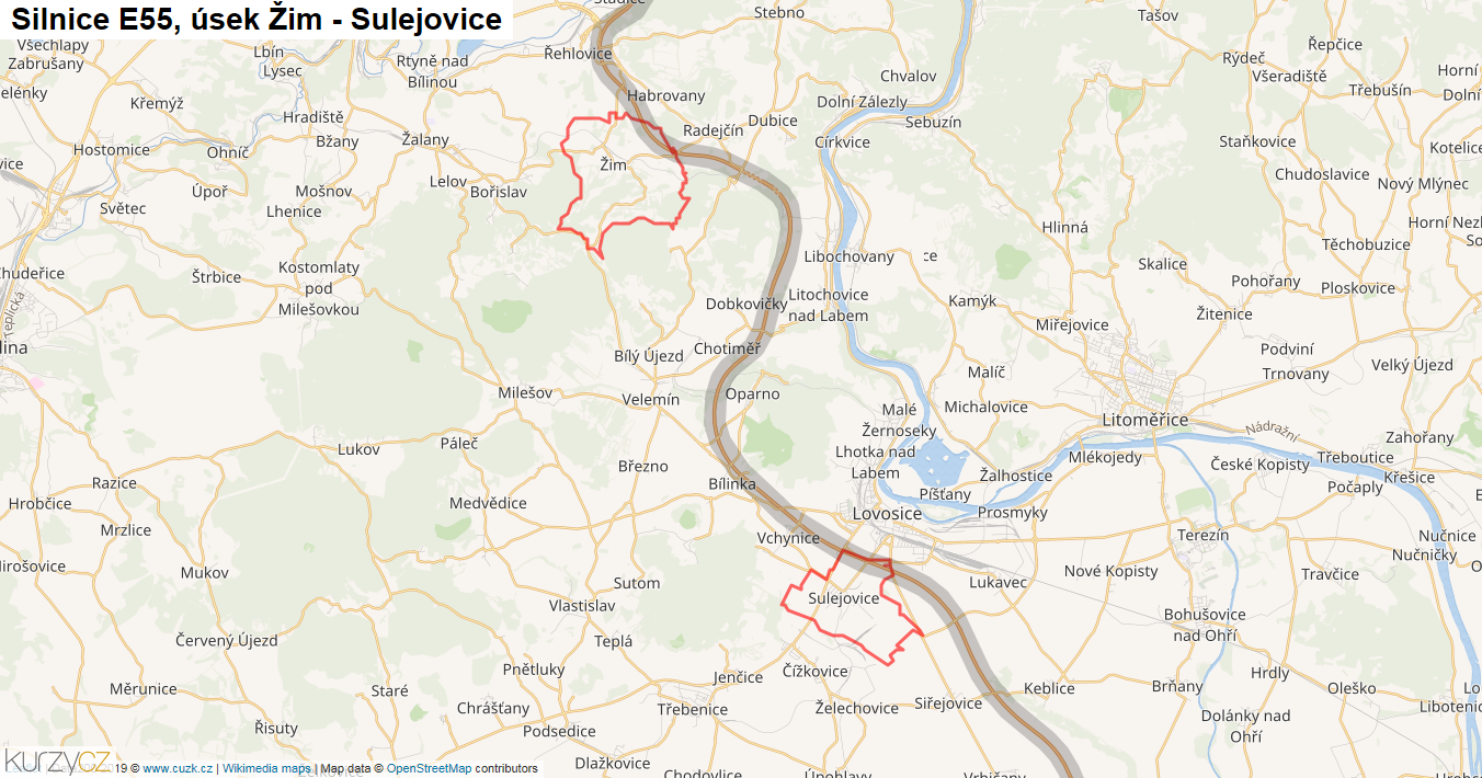 Úsek Žim - Sulejovice, Silnice E55 - Mapa