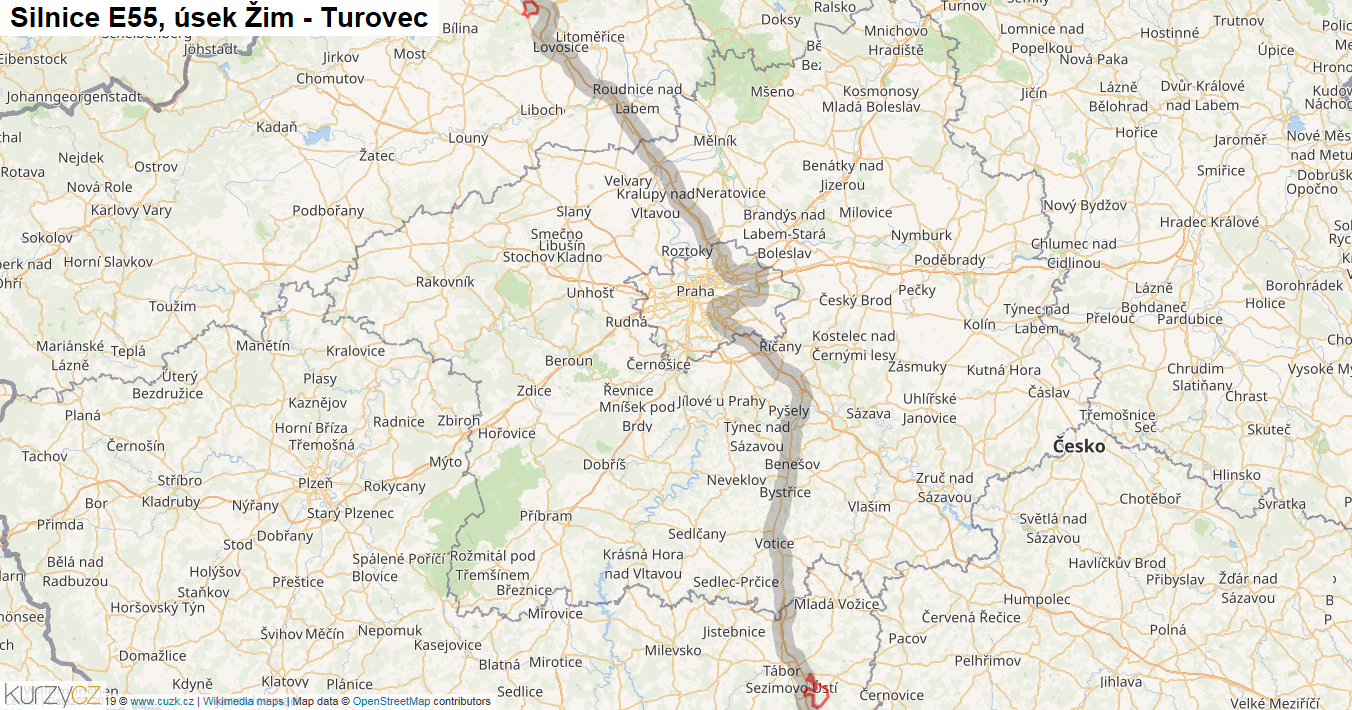 Úsek Žim - Turovec, Silnice E55 - Mapa