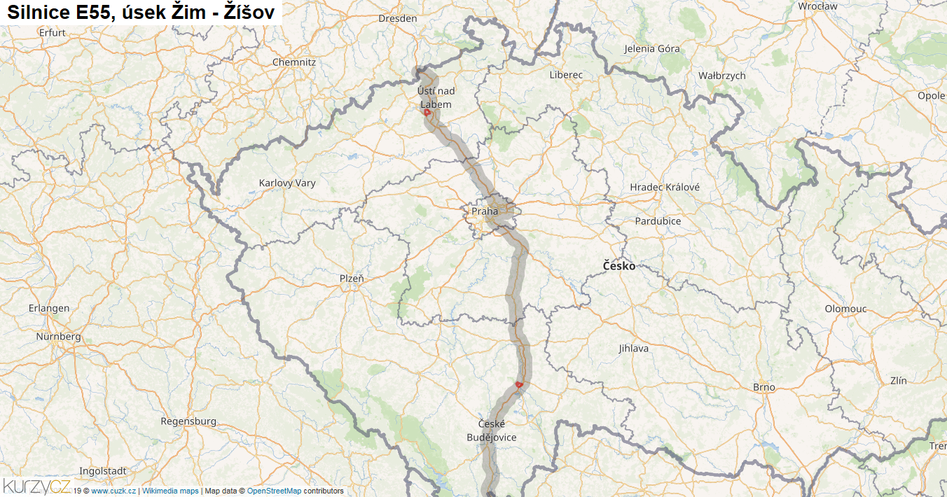 Úsek Žim - Žíšov, Silnice E55 - Mapa