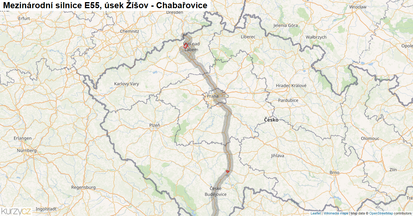 Úsek Žíšov - Chabařovice, Silnice E55 - Mapa