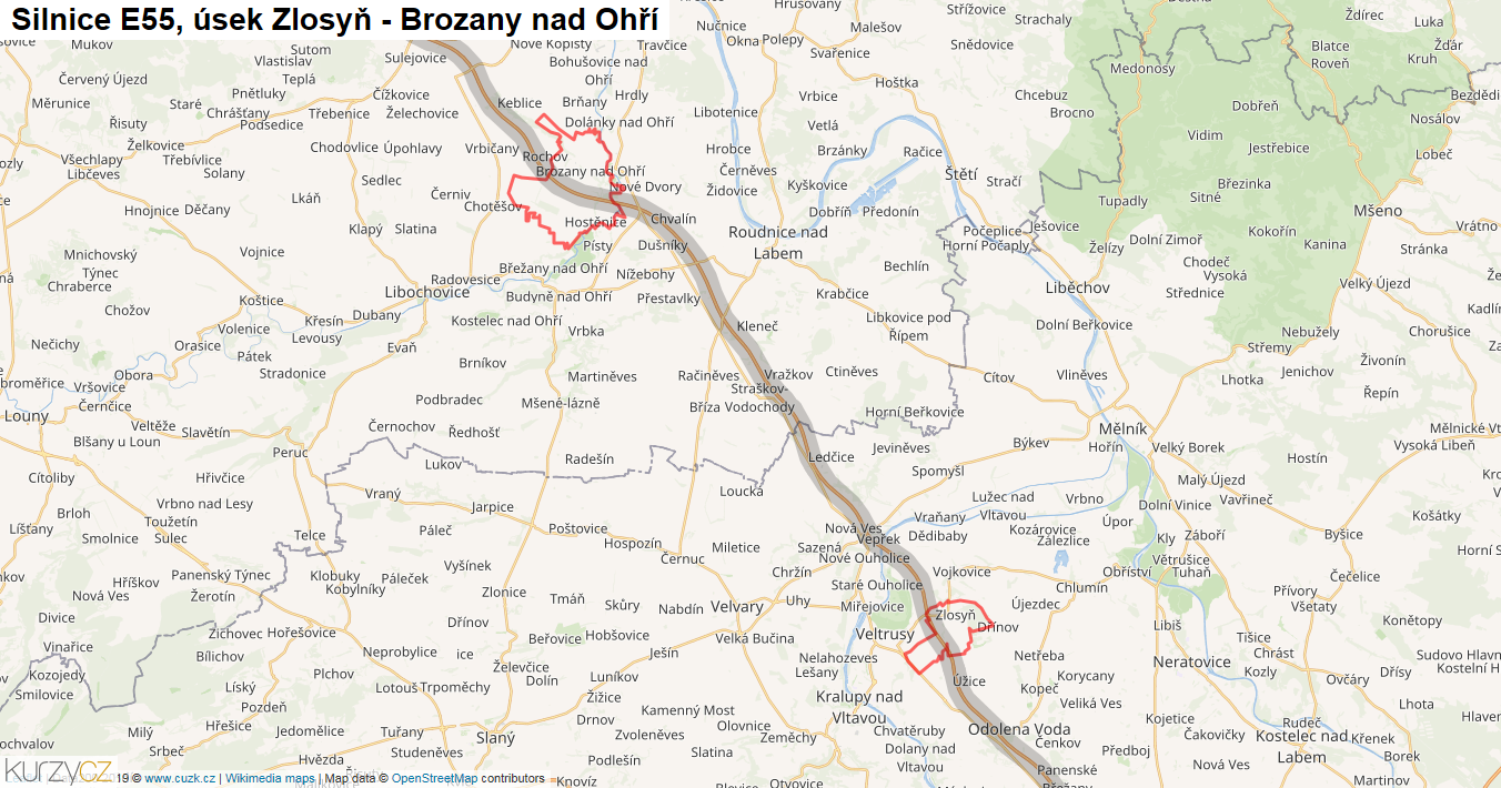 Úsek Zlosyň - Brozany nad Ohří, Silnice E55 - Mapa