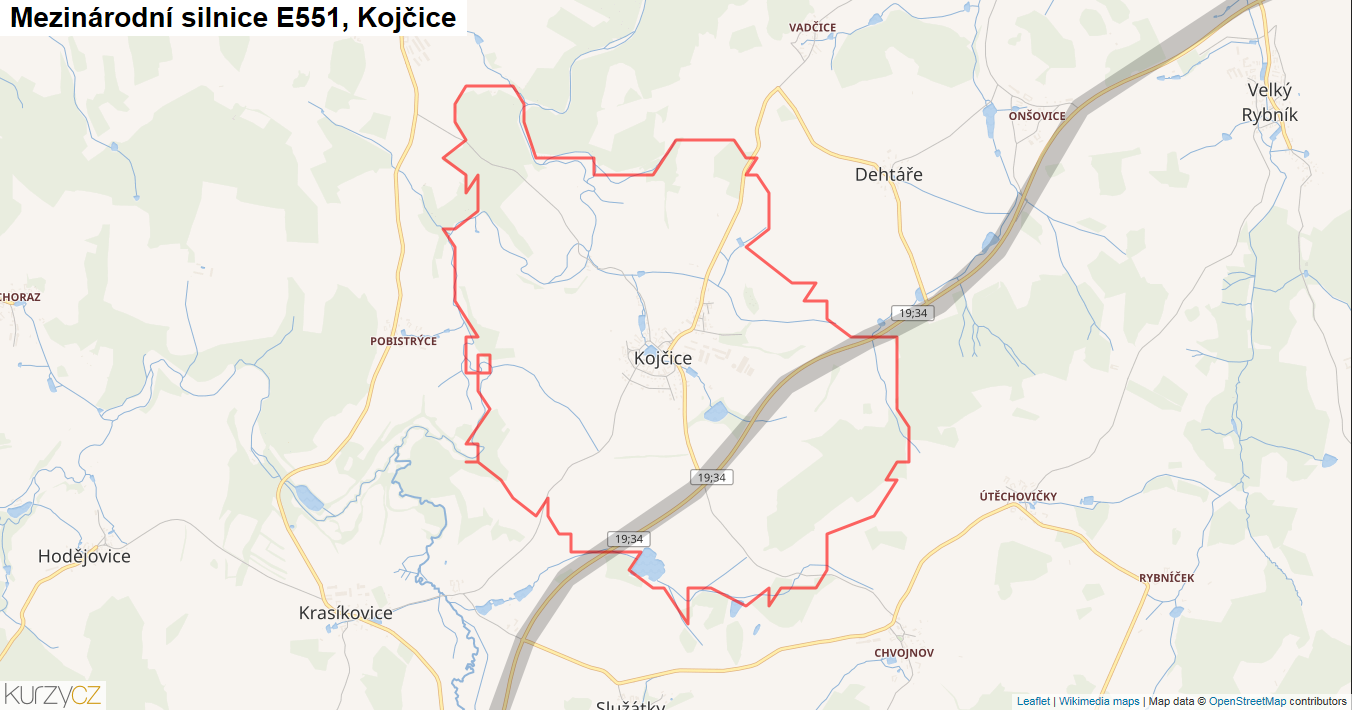 Kojčice, Silnice E551 - Mapa