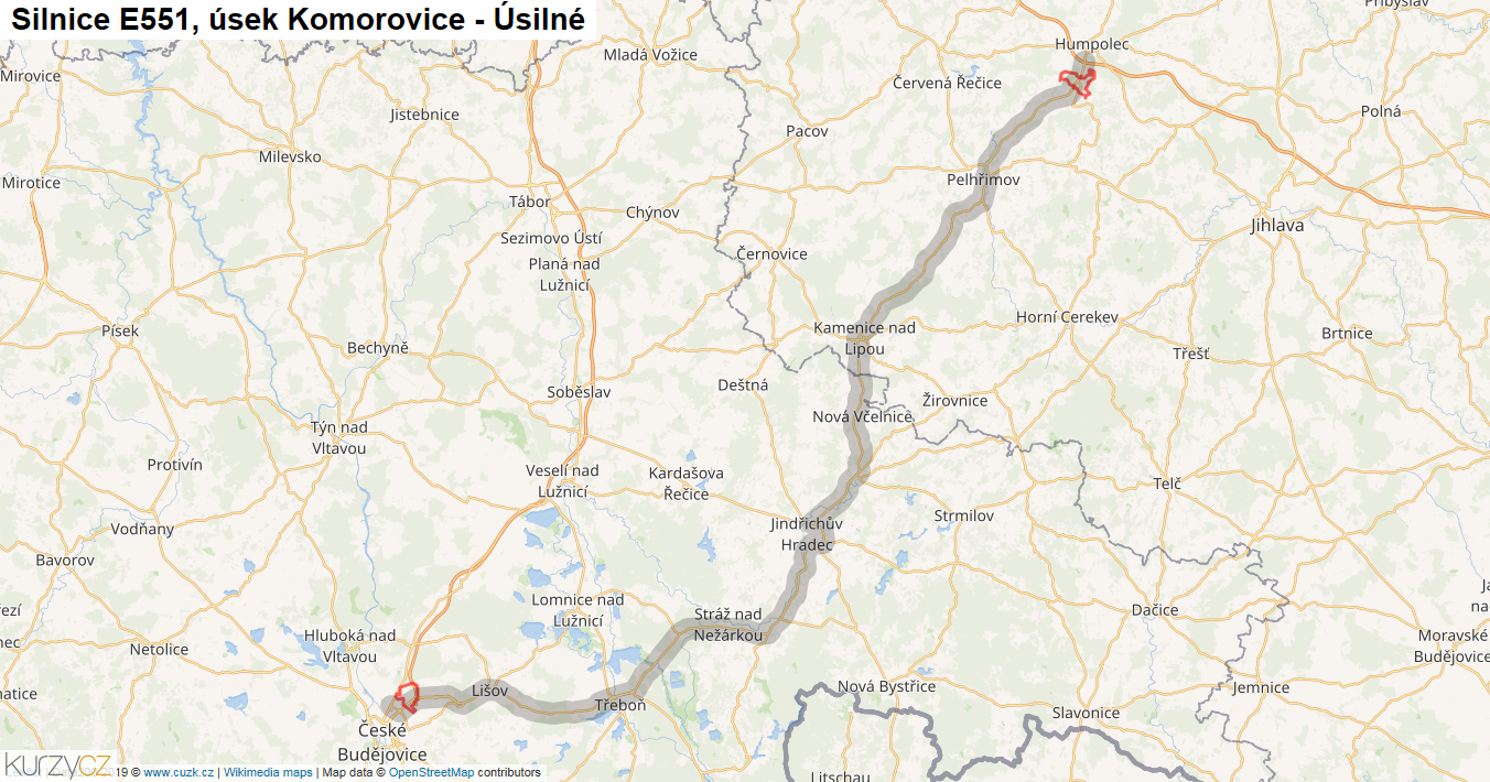 Úsek Komorovice - Úsilné, Silnice E551 - Mapa