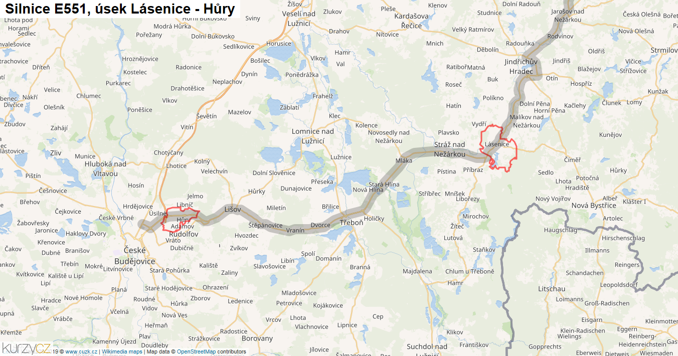 Úsek Lásenice - Hůry, Silnice E551 - Mapa