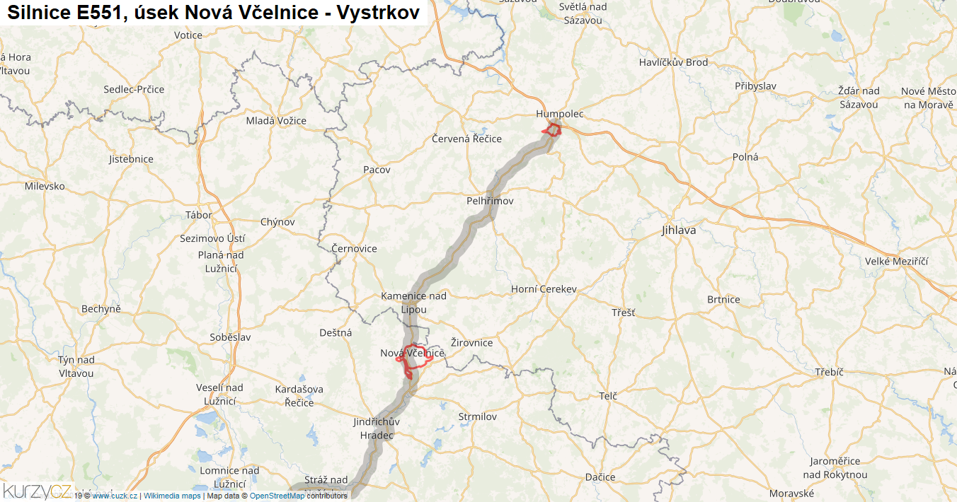 Úsek Nová Včelnice - Vystrkov, Silnice E551 - Mapa