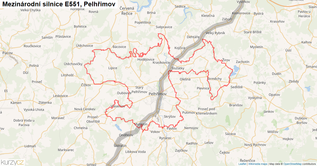 Pelhřimov, Silnice E551 - Mapa