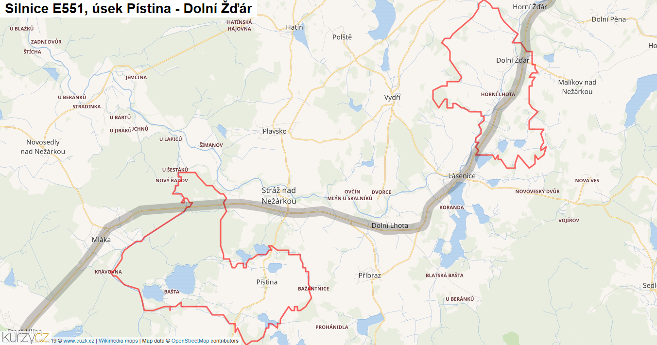 Úsek Pístina - Dolní Žďár, Silnice E551 - Mapa