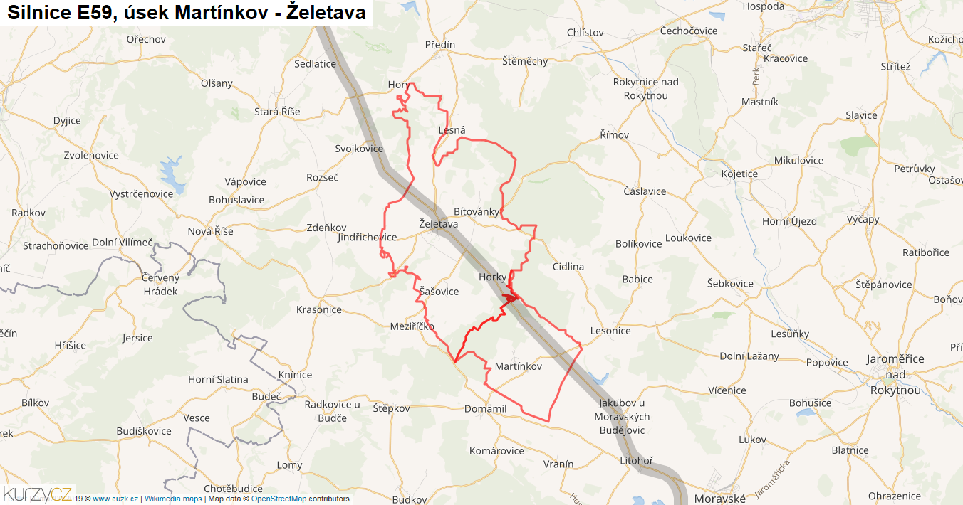 Úsek Martínkov - Želetava, Silnice E59 - Mapa