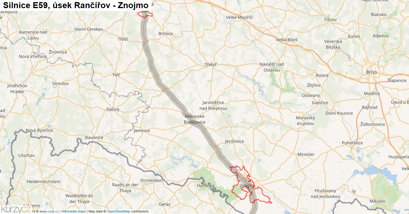Úsek Rančířov - Znojmo, Silnice E59 - Mapa