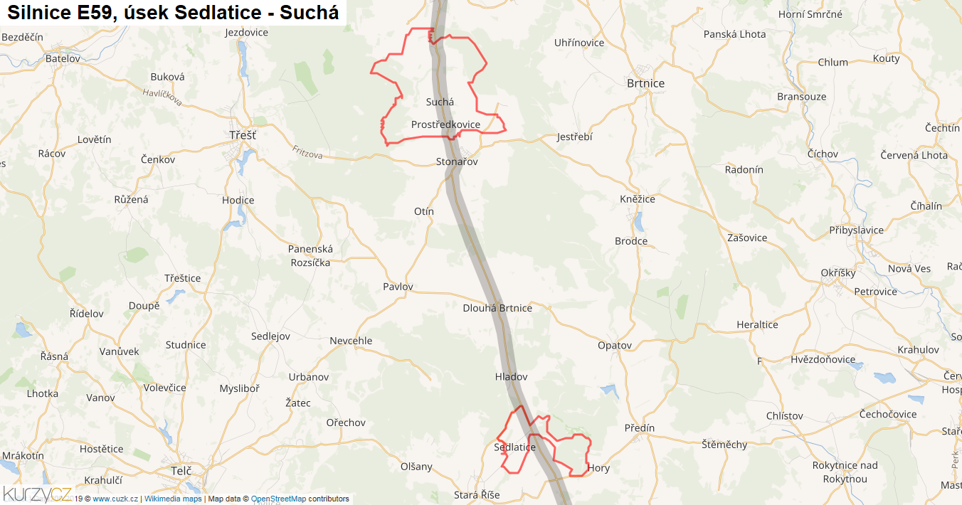 Úsek Sedlatice - Suchá, Silnice E59 - Mapa