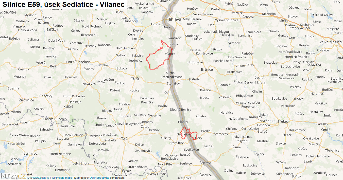 Úsek Sedlatice - Vílanec, Silnice E59 - Mapa