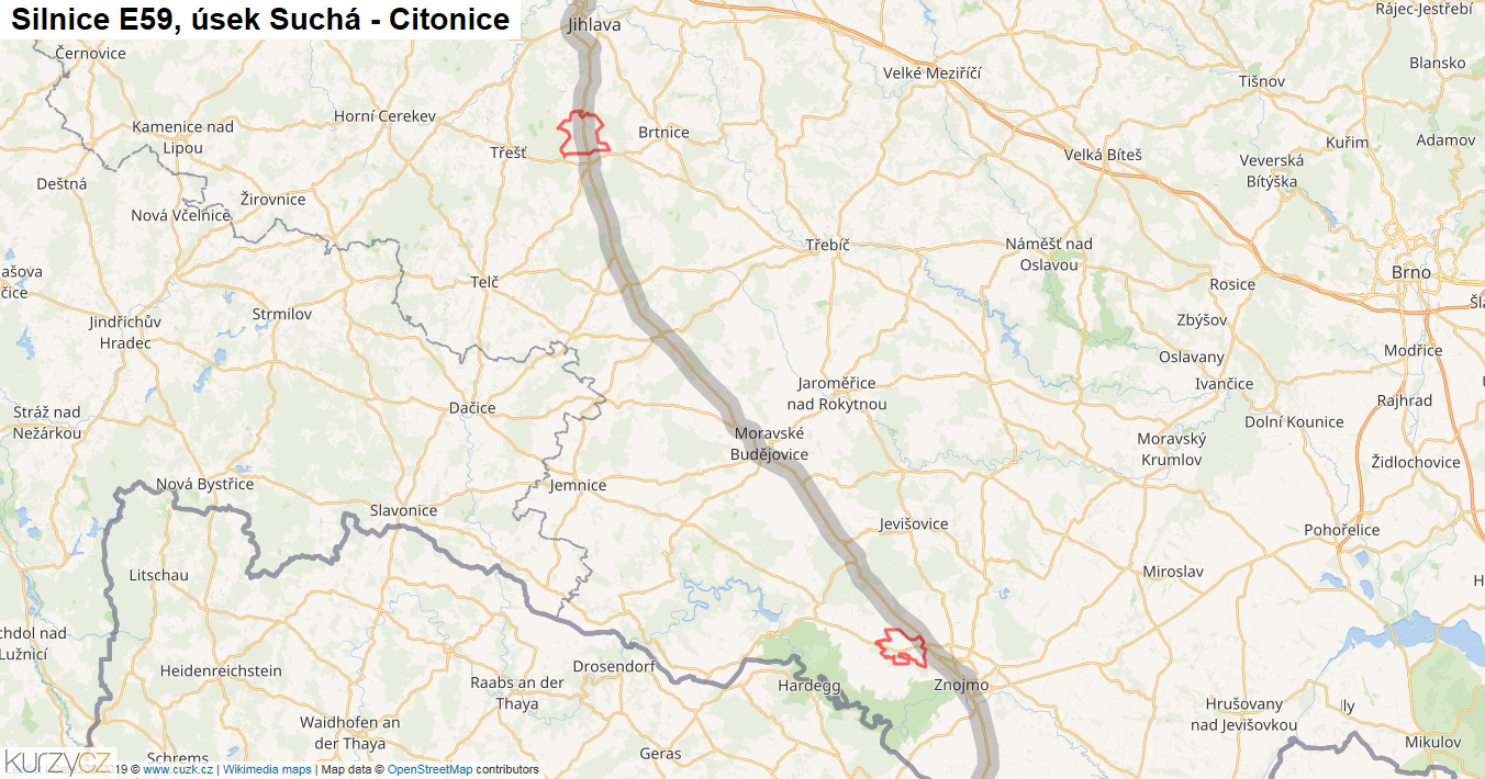 Úsek Suchá - Citonice, Silnice E59 - Mapa