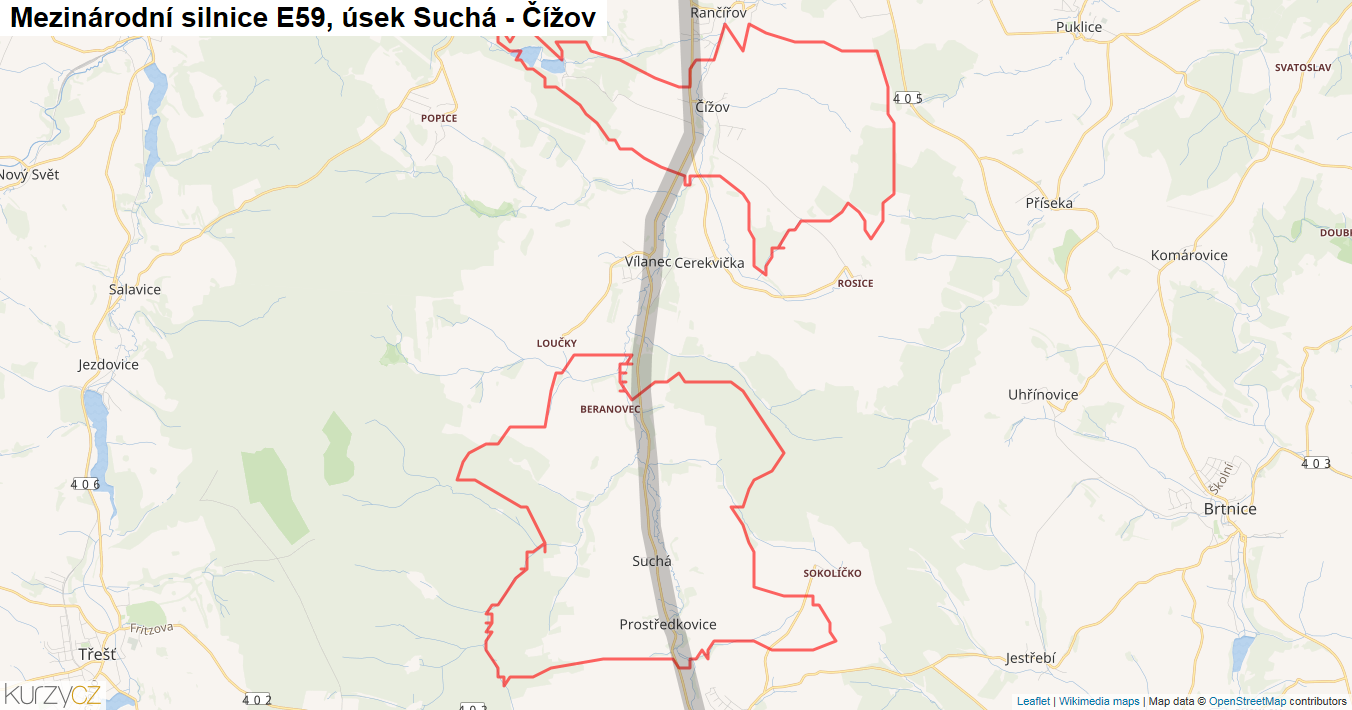 Úsek Suchá - Čížov, Silnice E59 - Mapa