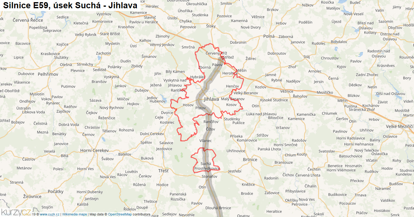 Úsek Suchá - Jihlava, Silnice E59 - Mapa